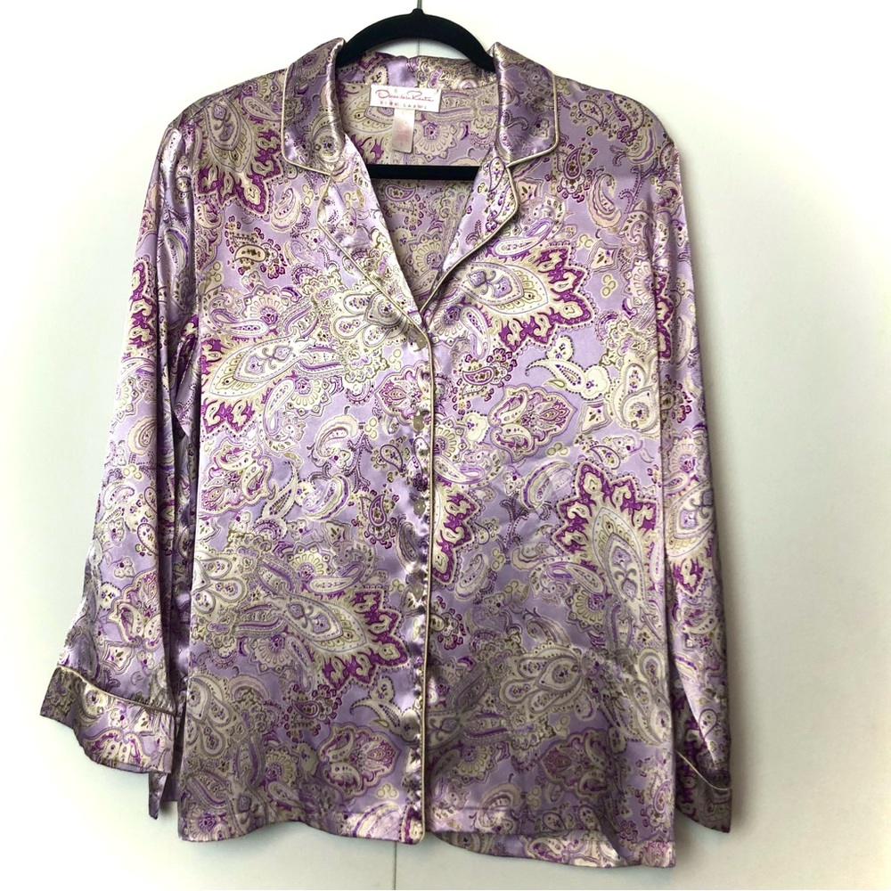 Oscar De La Renta Button Front Paisley Print Satin Pajama Top Purple Pink
